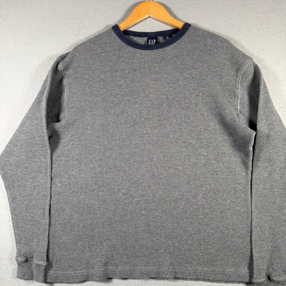 Gap Mens Gray Waffle Knit Thermal Long Sleeve Shirt Size M Cotton Navy Trim